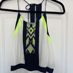 Women's Jumpsuit Sz Large‎ White Aztec Embroidered Wide-Leg Halter